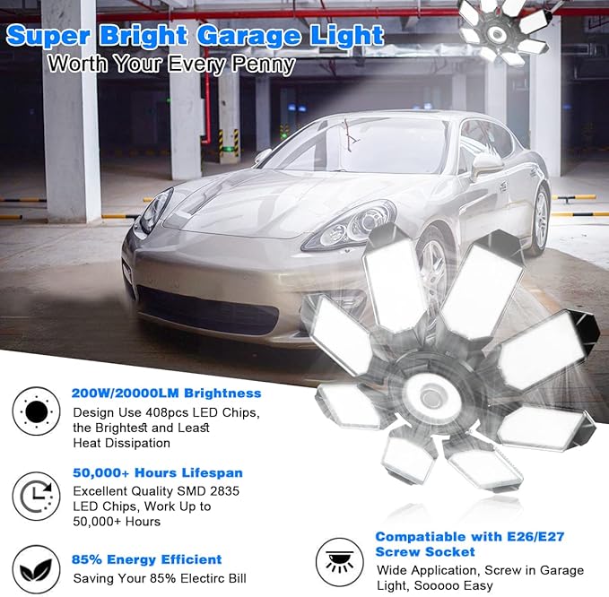 Led Garage Light - 20000LM Super Bright 6500K Garage Lights Ceiling Led w/ 8 Adjustable Panels Garage Shop Light Compatible for E26/E27 Socket Applicable for Workshop Barn Warehouse Attic