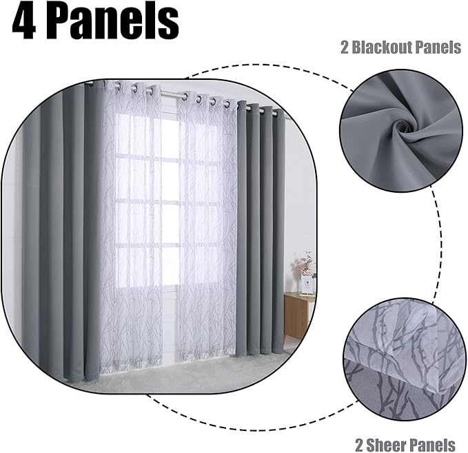 BONZER Mix and Match Curtains - 2 Pieces Branch Print Sheer Curtains and 2 Pieces Blackout Curtains for Bedroom Living Room Grommet Window Drapes, 54x63 Inch/Panel, Light Grey, Set of 4 Panels