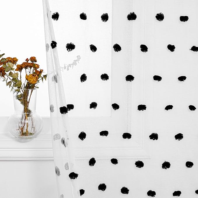 MYSKY HOME 95 Inch Long Curtains for Sliding Door Black Pom Pom Sheer Curtains for Living Room Bedroom 2 Panels Curtains for Halloween Panels Dining Room Rod Pocket Window Drapes 52" x 95"