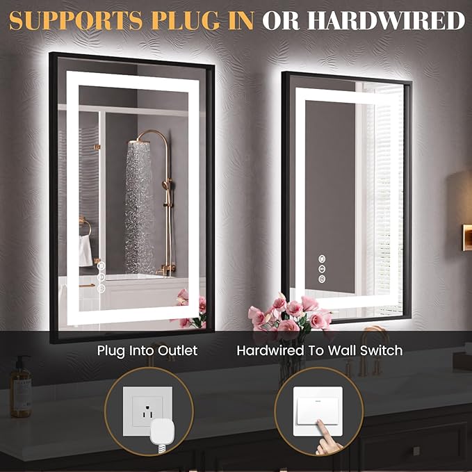 LED Bathroom Mirror,20"x28" Led Mirror with Black Frame, Front Light and Backlit, Stepless Dimmable, Anti-Fog, Shatter-Proof, Memory, 3 Colors, Double LED Vanity Mirror