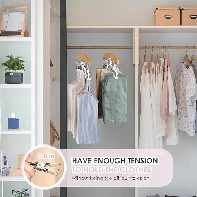 Leggings Hangers, Wooden Closet Hanging Leggings Storage Organizer Scarf Hangers with 24 Clips, 360° Swivel Hook, Burlywood, 2 Pcs