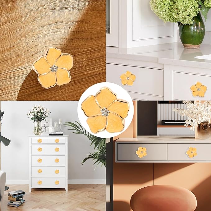 4 pcs Petal Handles Colorful Drawer Knobs Flower Petal Cabinet Dresser Knobs for Girl's Room Dresser Cupboard Drawer Wardrobe Decorative Furniture Knobs (Yellow)