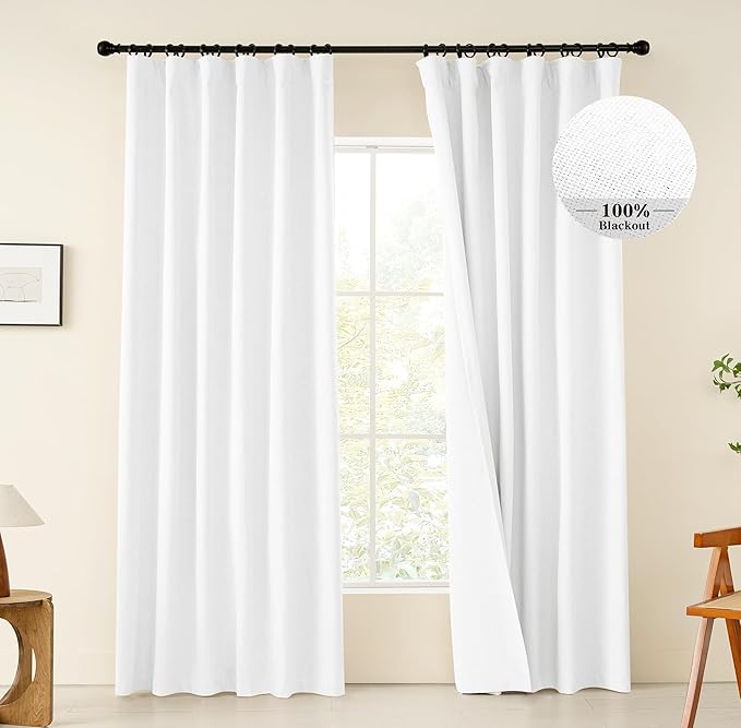 KangBang Pure White Blackout Curtains 90 Inch Length for Bedroom, Light Blocking Hook Belt Pleated Back Tab Soft Thick Linen Curtains for Living Room Nursery 52 Inch Wide by 90 Inch Length,2 Panels