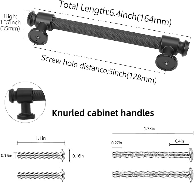 10 Pack 5 inch(128mm) Matte Black Kitchen Cabinet Handles Knurled Cabinet Pulls Black Drawer Pulls Kitchen Cabinet Hardware