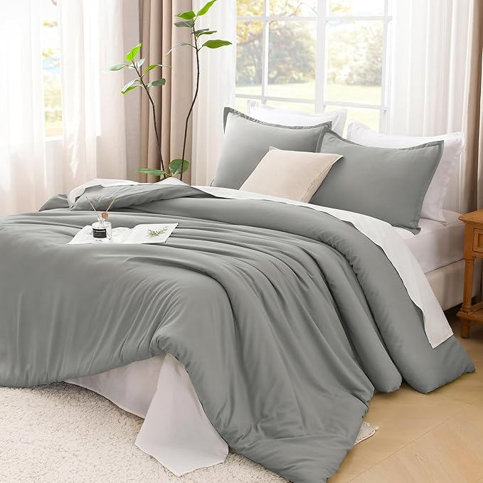 Litanika Comforters Medium Gray Oversized Queen Size, 3 Pieces Lightweight Solid Bedding Set & Collections, All Season Fluffy Bed Set (98x98In Comforter & 2 Pillowcases)