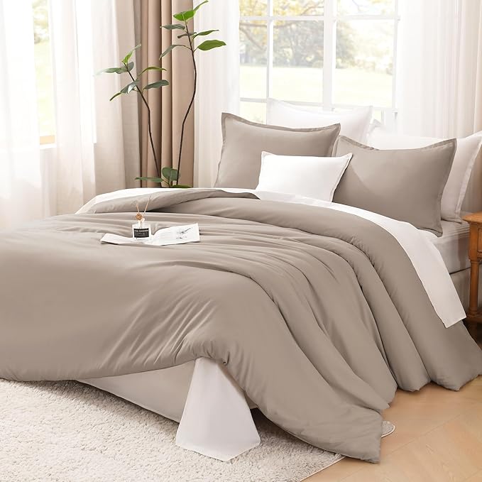 Litanika California King Comforter Set Light Coffee - 3 Pieces Cal King Lightweight Soft Plain Bed Comforter, Oversized Down Alternative Bedding Set - Machine Washable (104x96In, 2 Pillowcases)