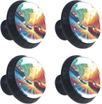 Race Cars with Colorful Racing Track Cabinet Knobs, 35mm Round Glass Knobs for Dressers and Drawers, Decorative Handles Pulls for Home Kitchen Bedroom, 4 Pack