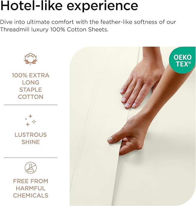 Threadmill Luxury 800 Thread Count 100% Cotton Sheets - Sateen Weave Twin XL Bed-Sheets, Better Than Egyptian Cotton,3 Pc Solid Soft Bedding Set (Ivory), Fits 15" Deep Pocket