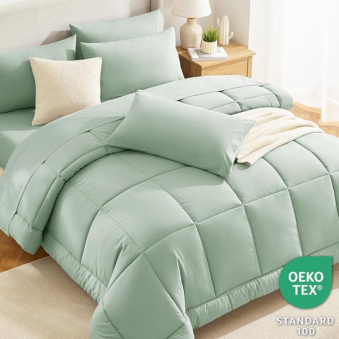 CozyLux Twin XL Comforter Set Sage Green, 5 Pieces Twin Extra Long Bed in a Bag for College Dorm, All Season Bedding Set with Stitch Quilted Comforter, Flat Sheet, Fitted Sheet, Pillowcases