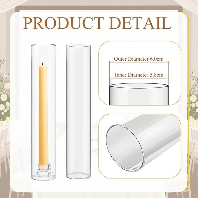 24 Set Glass Hurricane Candle Holders 11.8" Open Ended Glass Candleholder Tube Shape Bottomless and 1.26" Taper Clear Candlestick Holders for Wedding Party Table Centerpiece