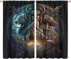 Cool Norse Viking Theme Curtains,Fantasy Ancient Symbols Wildlife Wolf Nordic Vikings Window Drapes Thermal Insulated Rod Pocket Blackout Drapes for Bedroom 2 Panels 63L x 36W
