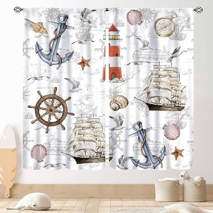 Nautical Kitchen Curtains, Vintage Marine Coastal Sailboat Compass Anchor Ocean Beach Lighthouse Watercolor Decorative Drapes for Bedroom Living Room Kitchen Bathroom Window 2 Panels Set, 84"x63" Inch