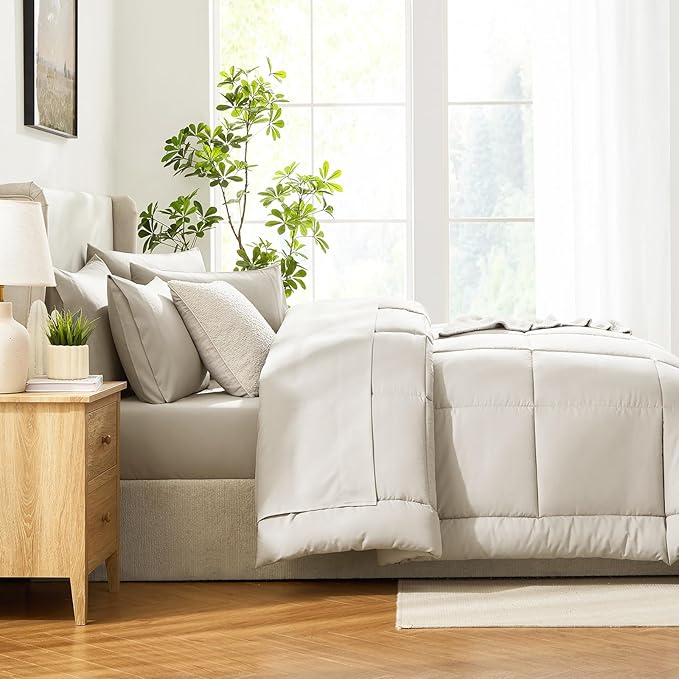 CozyLux Full Size Comforter Sets Beige, 7 Pieces Bed in a Bag, Beige Comforter Full Size, All Season Bedding Sets with Stitch Quilted Comforter, Flat Sheet, Fitted Sheet, Pillowcases