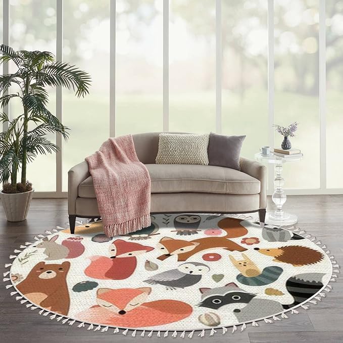 Round Rugs Woodland Animals Cute Forest Design Elements Boho Area Rug Linen and Cotton Carpet Meditation Rug Washable Hallway Runner Mat Accent Rug for Bedroom Bathroom 6ft