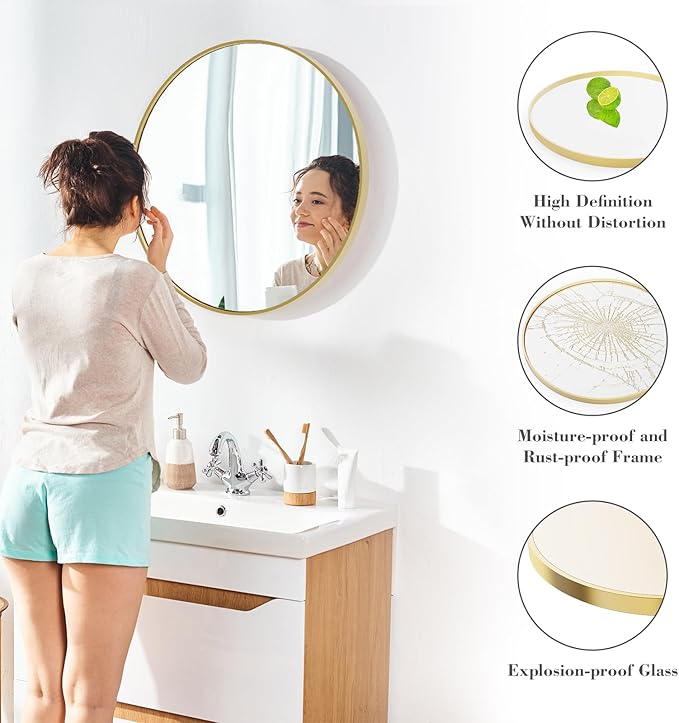 Sweetcrispy Gold Round Mirror for Wall 30 Inch, Bathroom Circle Mirrors for Over Sink, Entryway, Bedroom, Vanity