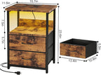 Fixwal Night Stand with Charging Station, LED Nightstand with U-S-B Ports and Outlets, 2 Fabric Storage Drawers with PU Finish, Bedside Table, Rustic Brown