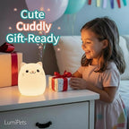 Lumipets Clive The Cat Squishy Silicone Night Light for Kids | Cute Night Light with Remote & Touch Control for Baby & Toddler Bedrooms | Color Changing Portable Animal Nightlight | Kids Mood Lamp