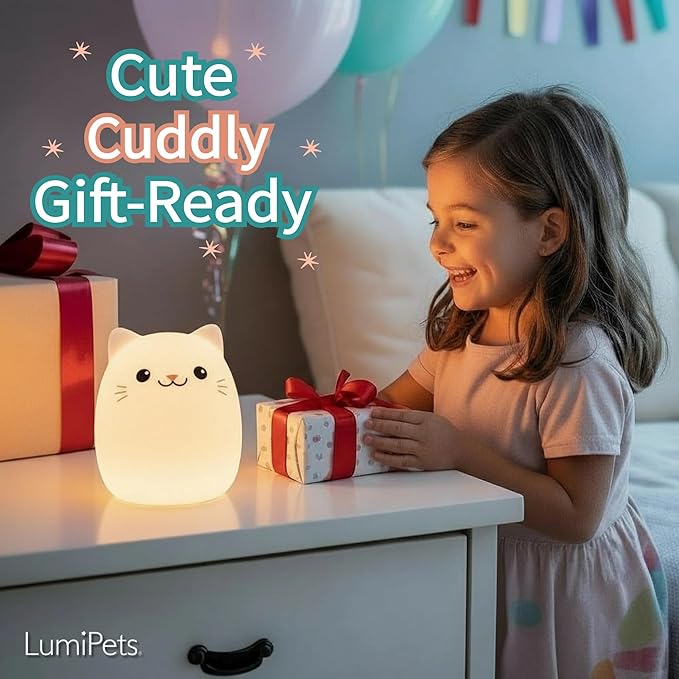 Lumipets Clive The Cat Squishy Silicone Night Light for Kids | Cute Night Light with Remote & Touch Control for Baby & Toddler Bedrooms | Color Changing Portable Animal Nightlight | Kids Mood Lamp