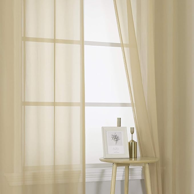 KEQIAOSUOCAI Tan Sheer Voile Window Treatment Grommet Top Curtain Panels for Bedroom and Living Room (54 x 63 inches Long, Set of 2)
