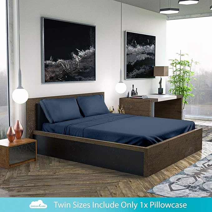 DREAMCARE California King Sheet Sets - Cooling Bed Sheets - 4pcs Set - up to 15" Deep Pocket Cal King Sheets - California King Sheets - Soft & Lasting 100% Brushed Polyester with Side Pocket - N Blue