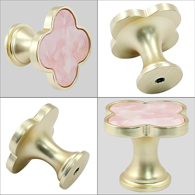 6 Pcs Four-Leaf Drawer Pulls Knobs, Gold Dresser Cabinet Knobs Pulls for Kitchen Cabinet Cupboard Door Furniture Decorative, Pink