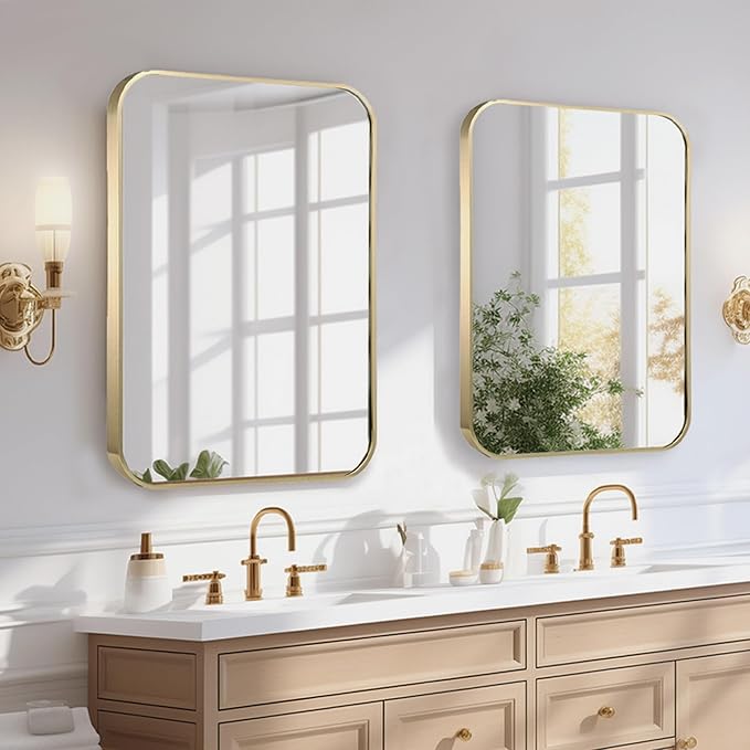 24"x36" Matte Gold Mirror for Wall, Brushed Metal Framed Rounded Corner Rectangular Mirror for Bathroom Vanity,Entryway,Living Room,Bedroom,Vertical or Horizontal
