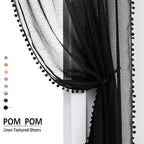Treatmentex Black Sheer Curtains for Living Room 95" Linen Texture Chic Curtain Panels Pom Pom Trimmed Voile Drapes for Bedroom Office Children's Room 2pcs