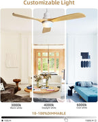 Sofucor 52 Inch Smart Ceiling Fans with Lights and Alexa/Google Assistant/APP/Remote Control-Modern Solid Wood Outdoor 3 Blades Ceiling Fan for Bedroom Living Room Indoor Farmhouse Patio, Natural Wood