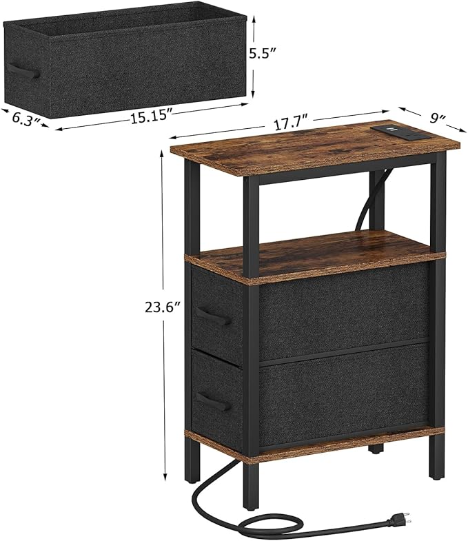 Narrow Side Table for Small Spaces, Skinny End Table with Charging Station, Sofa Beside Table with 2 Drawers 1 Open Compartment, Slim Nightstand with USB Ports Outlet, Rustic and Brown UTBT004F
