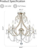 WUZUPS 5-Light Crystal Candle Chandelier Flushmount Ceiling Light Modern Lighting Fixture for Bedroom Hallway Bar Kitchen Bathroom, H 20.9" W 22", E12 Base, Brushed Nickel