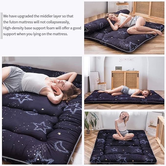 MAXYOYO Japanese Futon Mattress Floor Mattress Sleeping Pad Foldable Bed Roll Up Camping Cushion Floor Lounger Bed Couches and Sofas Couch Topper, Moon and Star, Full Size