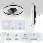 LEDIARY 22" Modern Ceiling Fans with Lights and Remote, Dimmable Low Profile Ceiling Fan, Flush Mount Ceiling Fan, Stepless Color Temperature Change and 6 Speeds - Black