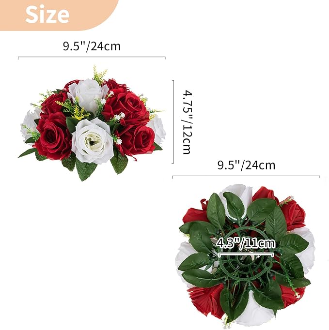 NUPTIO Artificial Flower Centrepieces for Tables - 6 Pcs Crimson & White Fake Flowers Roses Balls 9.5in Diameter - Silk Faux Rose Arrangement for Wedding Party Centerpiece Table Decorations