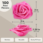 Juvale Artificial Roses - 3 in Heads, 100-Pack, Hot Pink - Faux Flowers for Vase & Wedding Decor - Centerpiece Table Decorations & Bridal Bouquet