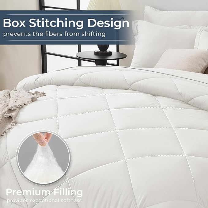 HEVUMYI Ivory Cali-King Comforter Set - 7-Piece All Season Bed in a Bag Cali-King, Ultra Soft Bedding Set with Comforter, Flat Sheet, Fitted Sheet, Pillowcases, Pillow Shams