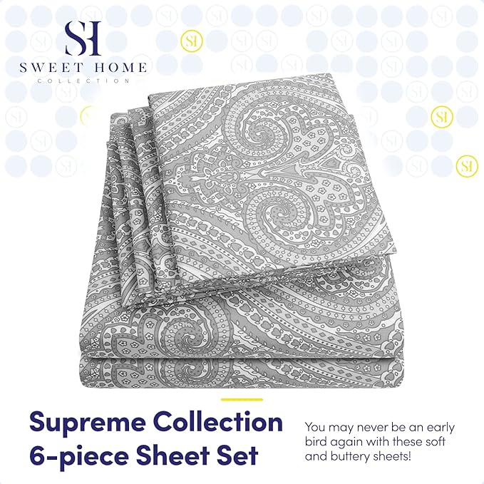 Cal King Size Bed Sheets - 6 Piece 1500 Supreme Collection Fine Brushed Microfiber Deep Pocket California King Sheet Set Bedding - 2 Extra Pillow Cases, Great Value, California King, Paisley Gray
