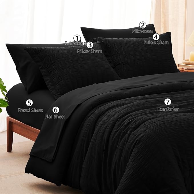 CozyLux Queen Comforter Set Black Seersucker 7 Pieces Bed in a Bag Queen Comforter Set with Sheets, Luxury Soft Bedding Set with Down Alternative Comforter, Sheets, Pillowcases & Shams for All Seasons