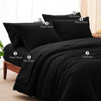 CozyLux Queen Comforter Set Black Seersucker 7 Pieces Bed in a Bag Queen Comforter Set with Sheets, Luxury Soft Bedding Set with Down Alternative Comforter, Sheets, Pillowcases & Shams for All Seasons