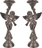 Sungmor Set of 2 Cast Iron Angel Candle Holders, 13.7" Tall Heavy-duty Solid Cherub Candlestick Holders, Vintage EU Style Statue Pillar Column Candle Stands for Wall Shelf Table Center Fireplace Decor