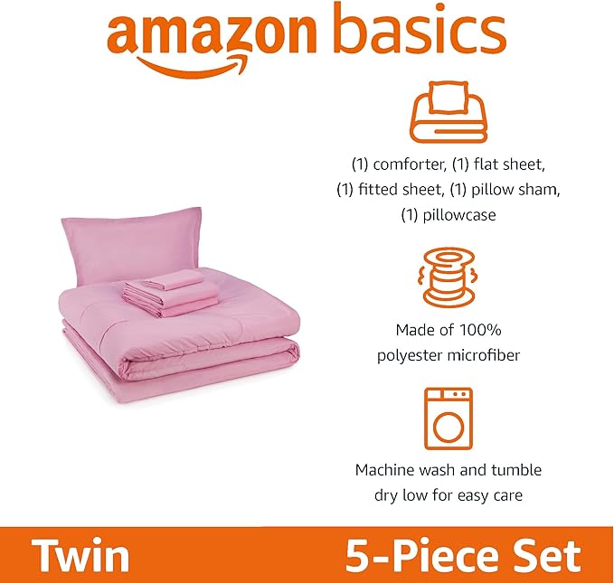 Amazon Basics 5 Piece Soft Microfiber Kid's Bed-in-a-Bag Bedding Set, Twin, Pink, Solid