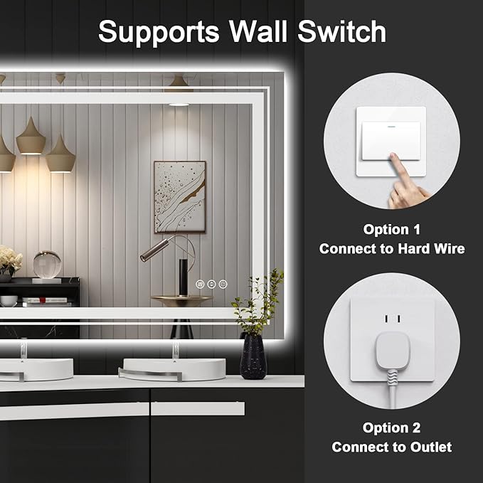 LED Bathroom Mirror, 55"x30" with Front and Backlit, Anti-Fog, Large Bathroom Vanity Mirror for Wall, Memory Function, Stepless Dimmable, Tempered Glass (Horizontal/Vertical)