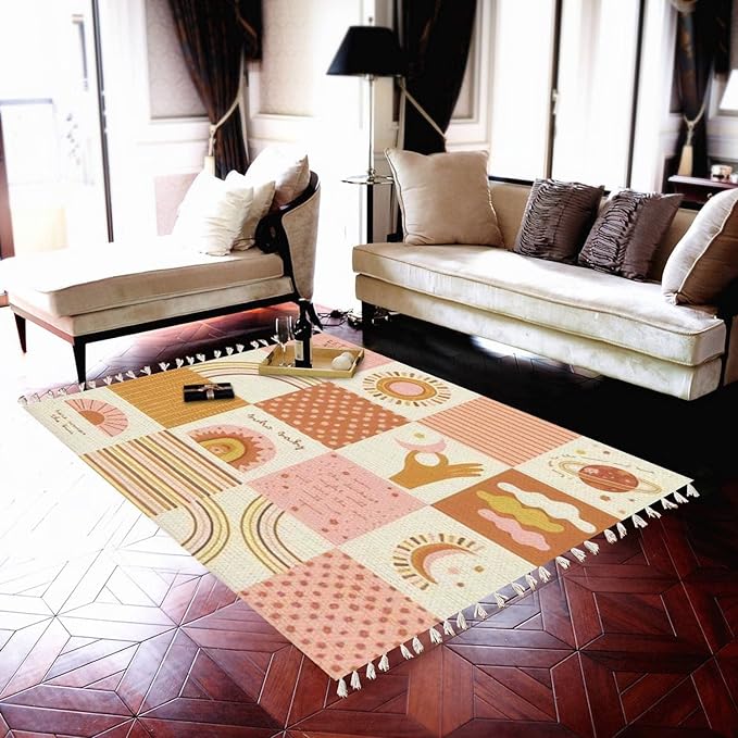 Boho Rug Baby Celestial Quilt Patchwork Sun Moon Rainbow Space Scandinavian Chic Area Rug Hallway Runner Rug Mat Minimalist Home Decor for Living Room Bedroom Nursery Playroom Classroom