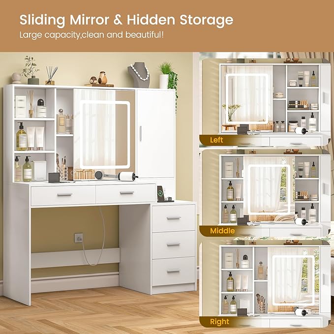Quimoo Vanity Desk with Lighted Mirror and Power Outlet, Makeup Vanity Desk with 5 Drawers and Cabinet, Hidden and Open Shelves, White Vanity Table Set with 3 Color Lighting