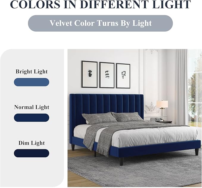Allewie King Platform Bed Frame/Velvet Upholstered Bed Frame with Vertical Channel Tufted Headboard/Strong Wooden Slats/Mattress Foundation/Box Spring Optional/Easy Assembly/Navy Blue