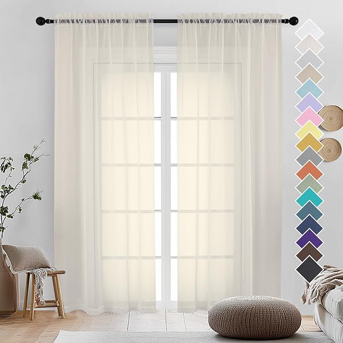 OVZME Cream Sheer Curtains 96 Inches Long 2 Panels - Soft Light Filtering Window Sheer Panels for Living Room/Bedroom, Top Dual Rod Pocket, 1 Pair, Each 42Wx84L Inches