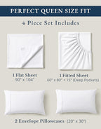 LANE LINEN Eco Friendly 100% Organic Cotton Queen Sheet Set, Soft & Comfy Fully Elasticized 15" Deep Pocket Bed Sheets, Low Pill Naturally Cooling Machine Wash Sábanas Queen- White Bed Sheets