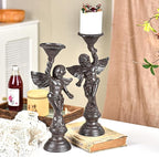 Sungmor Set of 2 Cast Iron Angel Candle Holders, 13.7" Tall Heavy-duty Solid Cherub Candlestick Holders, Vintage EU Style Statue Pillar Column Candle Stands for Wall Shelf Table Center Fireplace Decor