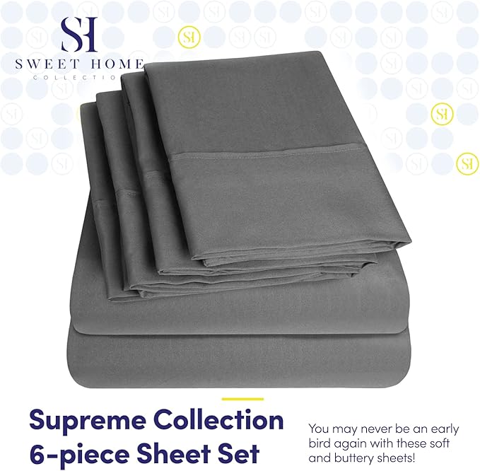 Sweet Home Collection 6 Piece 1500 Supreme Collection Brushed Microfiber Deep Pocket Sheet Set-2 Extra Pillow Cases, Great Value, Rv Short Queen, Gray