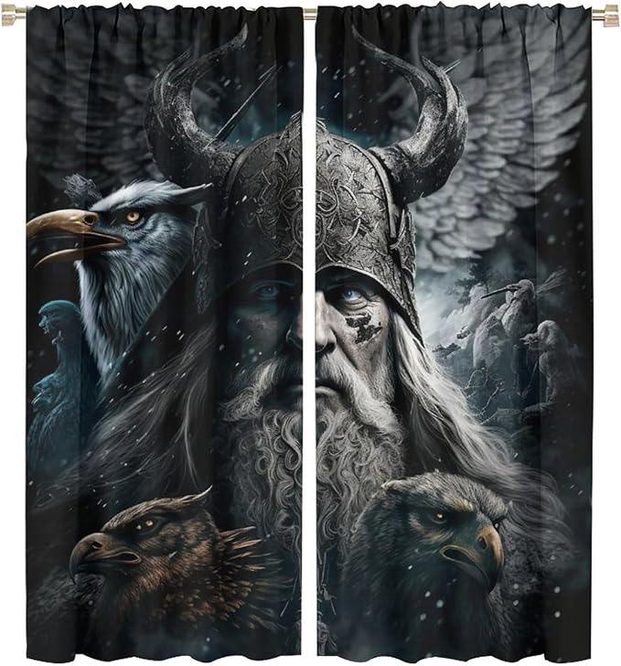 Fantasy Norse Viking Curtains for Bedroom - Cool Gothic Vintage Vikings Mystical Symbol Eagle Window Drapes,Energy Saving Thermal Insulated Rod Pocket Bedroom Blackout Curtains 2 Panels 63L x 27.5W