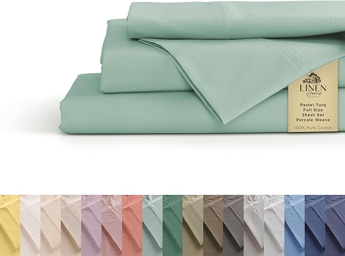 Linen Home 100% Cotton Percale Sheets Full Size, Pastel Turk, Deep Pocket, 4 Pieces Set - 1 Flat, 1 Deep Pocket Fitted Sheet and 2 Pillowcases, Crisp Cool and Strong Bed Linen